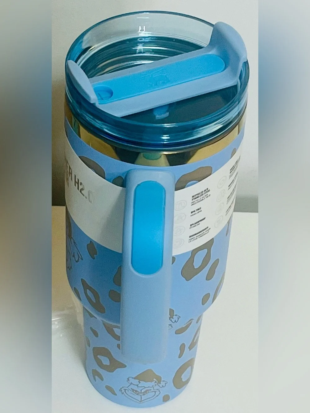 Stanley Quencher H2.0 40oz Tumbler - Baby Blue with Leopard & Grinch Print